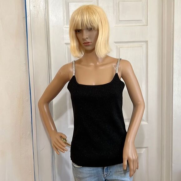 Pointelle Black Whimsigoth Y2K Rib Knit Embellished Strap  Top Camisole Size S/M - Picture 1 of 5